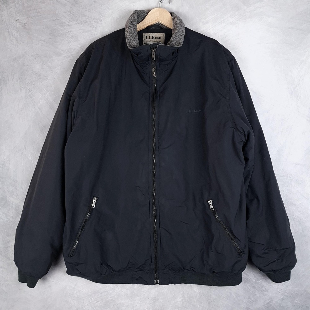 LL Bean Warm Up Jacket Mens XLT Tall Black Nylon Fleece Lined Bomber Insulated